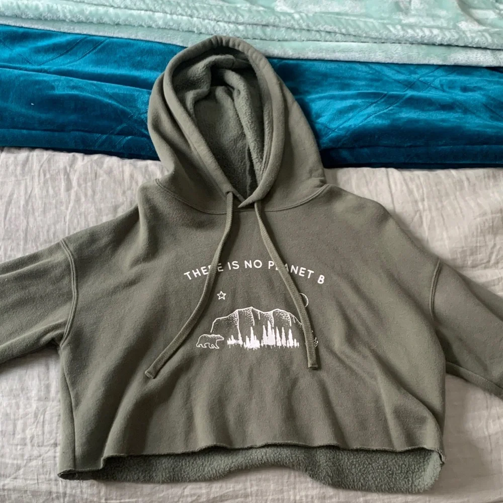 There is No Planet B Olive Green Cropped Hoodie with Environmental Print - Picture 3 of 10